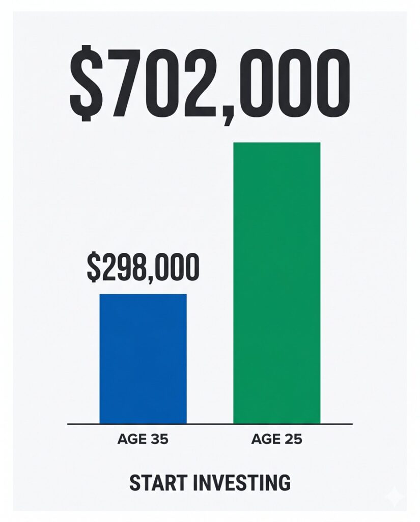 What $200/Month Invested at Age 25 vs Age 35 Becomes — Same Contribution, $406K Difference